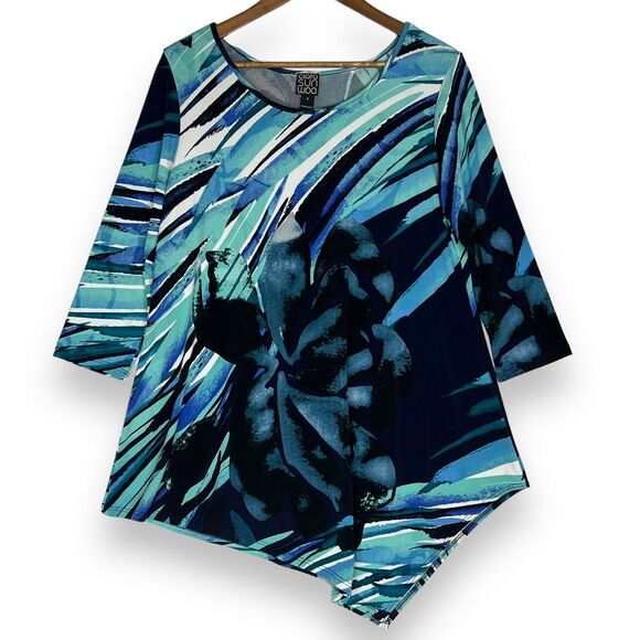 Clara Sun Woo Tops - Clara Sun Woo Blouse Top Blue Floral Abstract Asymmetric Hem Tunic Art To Wear S